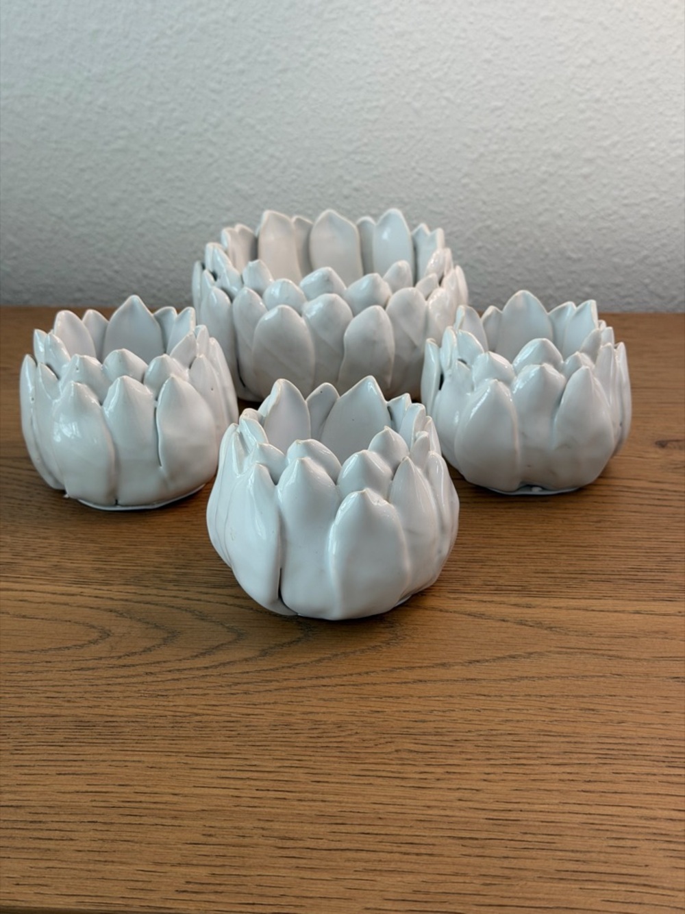 Arhaus Dahlia Glossy White Ceramic Lotus Candle Holders - Set of 4